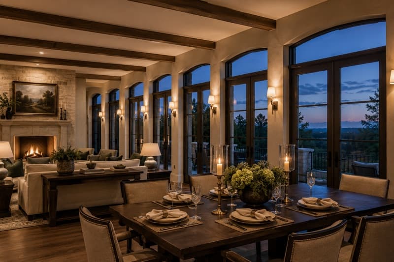 Refined dining and living space at blue hour with warm interior lighting and a rhythmic series of tall terrace doors.