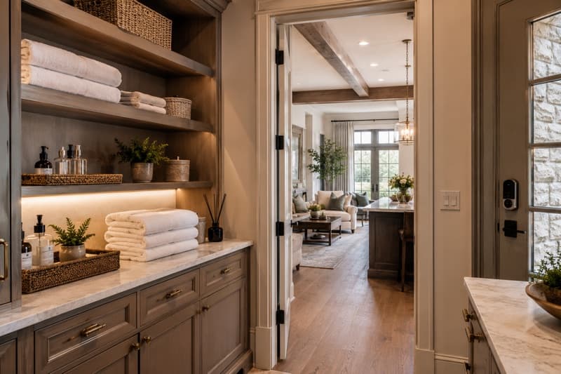 Organized service area with fresh linens opening into a refined, guest-ready home interior.